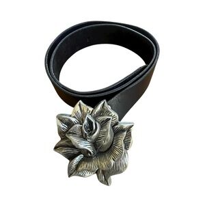 Vintage Rock Rebel Rose Silver Western Goth Buckle Black Leather Belt SZ 38